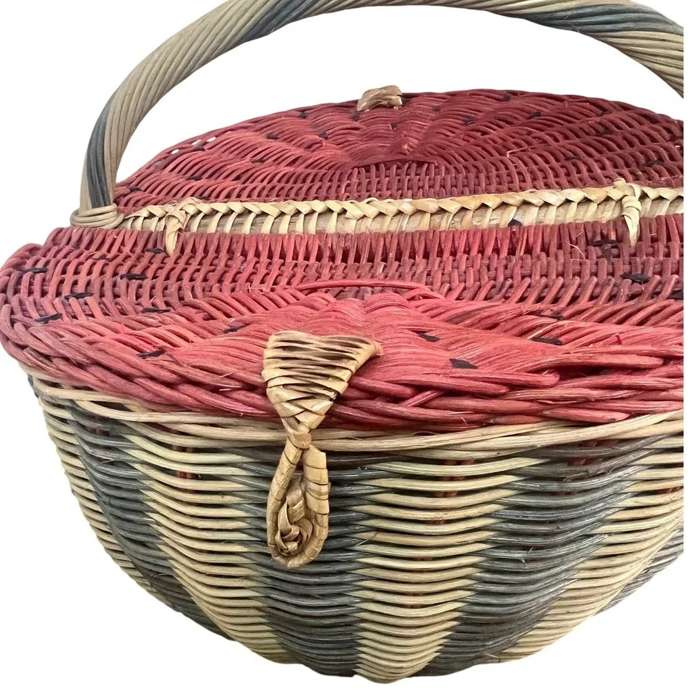 Vintage Watermelon Picnic Basket Woven Wicker Double-Lid Handle Red Green Large